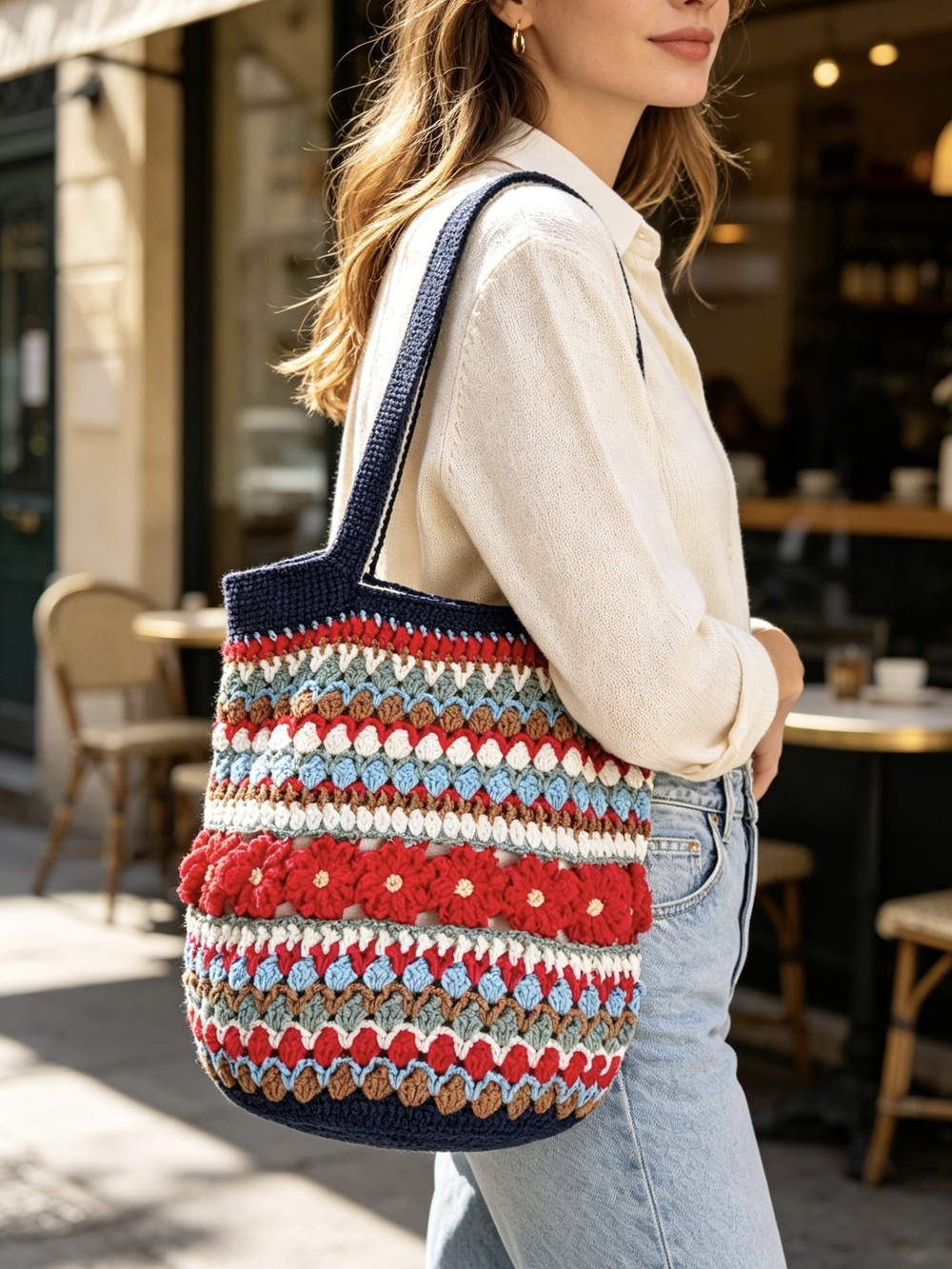 Handcrafted Crochet Tote Bag, Floral Shoulder Bag, Boho Purse, Market Bag